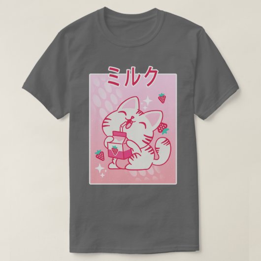 Kawaii Kitten Strawberry Milk Otaku Mang T-Shirt (Design vorne)