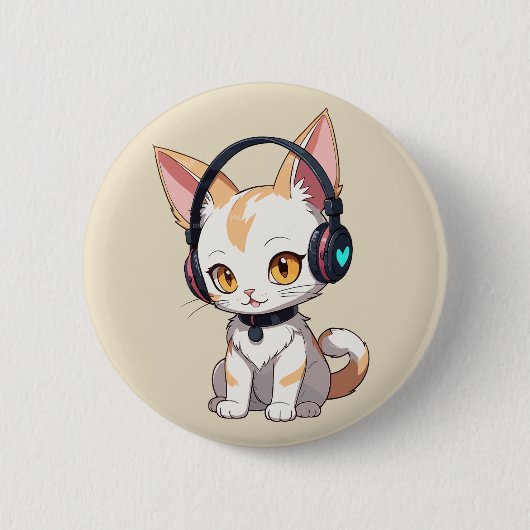 Kawaii Kitty in Rocking-Kopfhörer Button (Vorderseite)