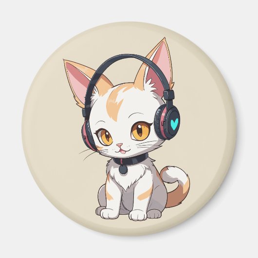 Kawaii Kitty in Rocking-Kopfhörer Magnet (Vorne)