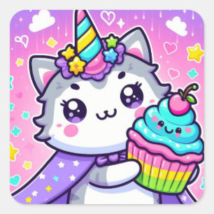 Kawaii Kitty mit cupcake Geburtstag Quadratischer Aufkleber