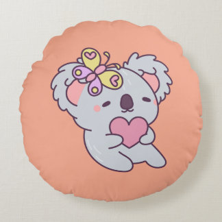 Kawaii Koala with Heart and Butterfly Rundes Kissen