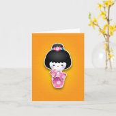 Kawaii Kokeshi (Pink) Karte (Gelbe Blume)