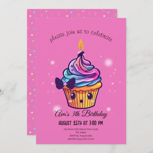 Kawaii-Kuchen Einladung (Vorne/Hinten)