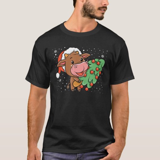 Kawaii Kuh mit Weihnachtsbaum Xmas Bauern Pajama T-Shirt (Vorderseite)