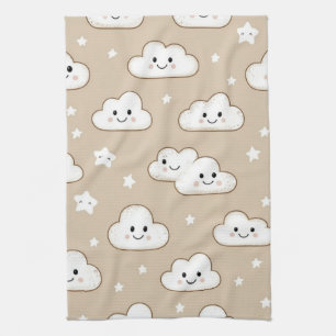 Kawaii lächelnde Wolken & Sterne auf Beige Geschirrtuch