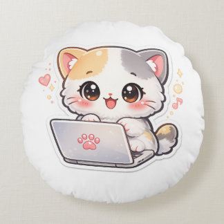 Kawaii Laptop Katzen-Rundkissen | Süße Chibi-Katze Rundes Kissen