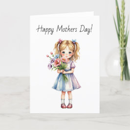Kawaii Little Girl mit Bouquet Watercolor Dankeskarte