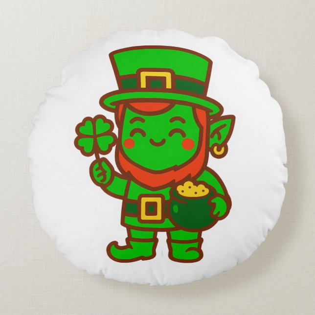 Kawaii Lucky Leprechaun Rundes Kissen (Vorderseite)