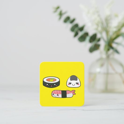 Kawaii, lustig und lustig Sushi mooshie Quadratische Visitenkarte (Stehend Vorderseite)