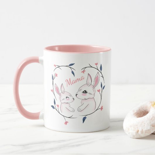 Kawaii-Mama-Kaninchen und ihr Hasen mit Blume Tasse (Mit Donut)
