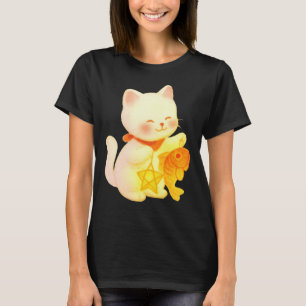 Kawaii Maneki Neko Katze mit Fisch- und Sternverzi T-Shirt