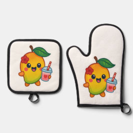Kawaii Mango - Sweetheart Frucht mit Herz Smoothi Ofenhandschuh & Topflappen-Set