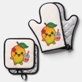 Kawaii Mango - Sweetheart Frucht mit Herz Smoothi Ofenhandschuh & Topflappen-Set (Vorderseite/Rückseite)