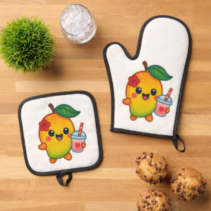Kawaii Mango - Sweetheart Frucht mit Herz Smoothi Ofenhandschuh & Topflappen-Set