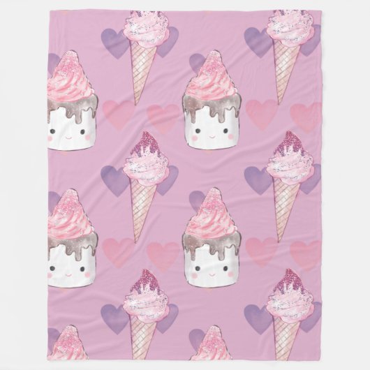 Kawaii Marshmallow & Ice Cream Muster Fleecedecke (Vorderseite)