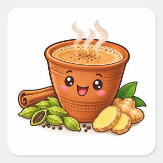 Kawaii Masala Chai Aufkleber, Süße Kulhad-Tee Die- Quadratischer Aufkleber