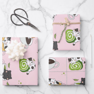 Kawaii Matcha Katzen Nahtloses Muster Geschenkpapier Set