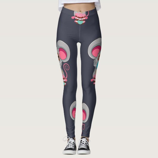 Kawaii-Maus mit Gesichtsmaske und Kuchen Leggings (Vorderseite)