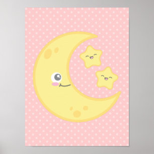 Kawaii Moon and Stars Poster Print