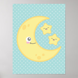 Kawaii Moon and Stars Poster Print