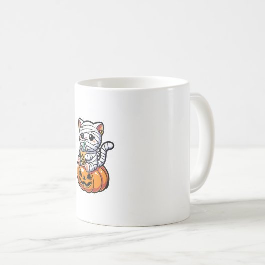 Kawaii Mummy Cat Drinking Boba Tea Halloween Pumpk Kaffeetasse (VorderseiteRechts)