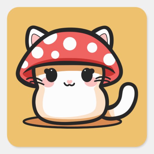 Kawaii Mushroom Cat Quadratischer Aufkleber (Vorderseite)