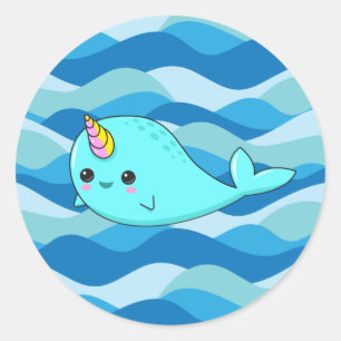 Kawaii Narwhal auf Blue Waves Sticker