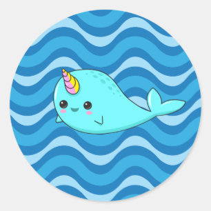 Kawaii Narwhal Blue Waves Sticker