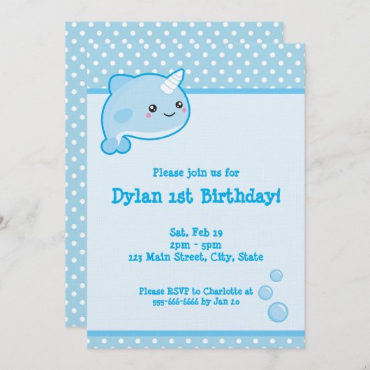 Kawaii Narwhal Einladung (Vorne/Hinten)