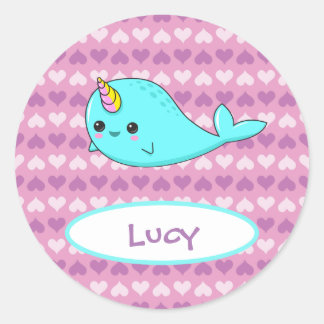 Kawaii Narwhal Lila Heart Name Sticker