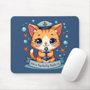 Kawaii Nautical Cat Sailing Anchor Pub Mousepad
