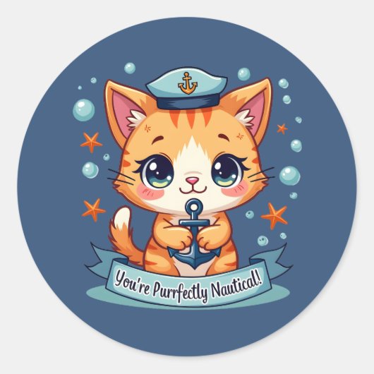 Kawaii Nautical Cat Sailing Anchor Pub Runder Aufkleber (Vorderseite)