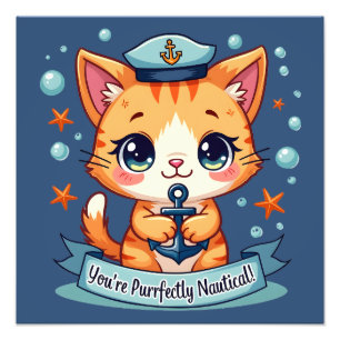 Kawaii-Nautik-Katze-Segel-Anker-Wortspiel Fotodruck