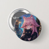 Kawaii Neko Anime Mädchen mit schwarzer Katze - Ec Button (Vorne & Hinten)