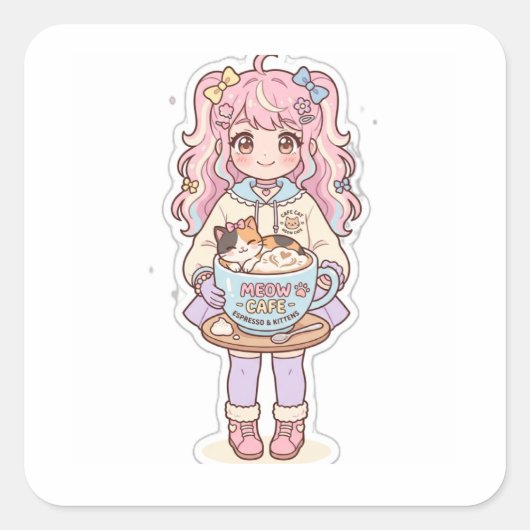 Kawaii Neko Cafe Anime Mädchen Chibi Aufkleber (Vorderseite)