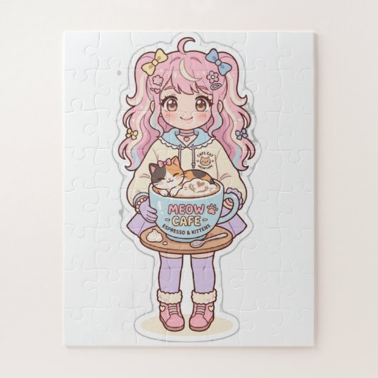 Kawaii Neko Cafe Anime Mädchen Chibi Puzzle (Vertikal)