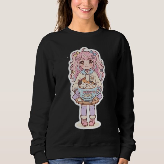 Kawaii Neko Cafe Chibi Anime Mädchen schwarzer Swe Sweatshirt (Vorderseite)