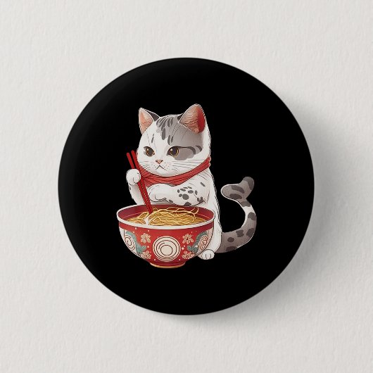 Kawaii NeKo Cat Eating Ramen Noodles Japanisches E Button (Vorderseite)