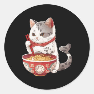 Kawaii NeKo Cat Eating Ramen Noodles Japanisches E Runder Aufkleber
