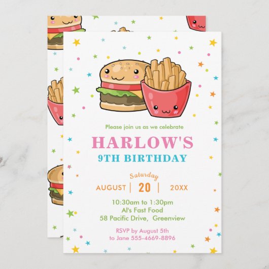Kawaii Niedlich Fast Food Burger Party Girl Geburt Einladung (Vorne/Hinten)