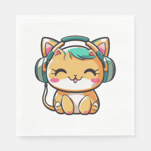 Kawaii Niedlich Happy Farbige Katze mit Kopfhörern Serviette