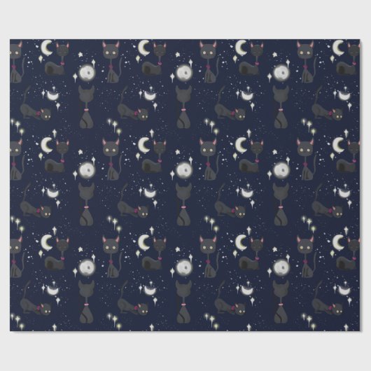 Kawaii Niedlich Night Cats Moon Stars Muster Geschenkpapier (Flach)