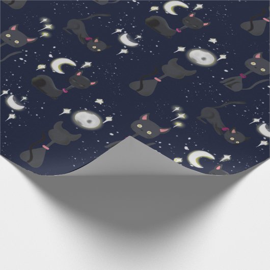 Kawaii Niedlich Night Cats Moon Stars Muster Geschenkpapier (Ecke)