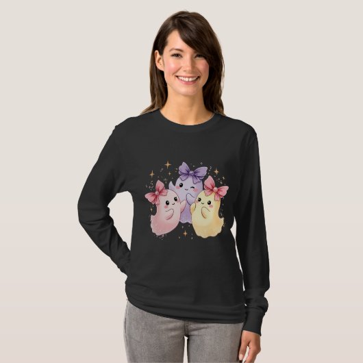 Kawaii Niedlich Pastel Ghosts mit Bows T-Shirt (Vorne ganz)