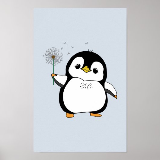 Kawaii Niedlich Penguin Holding Dandelion Lächeln Poster (Vorne)
