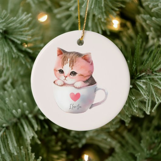 Kawaii Niedlich Striped Pink Chibi Cat Keramik Ornament (Baum)