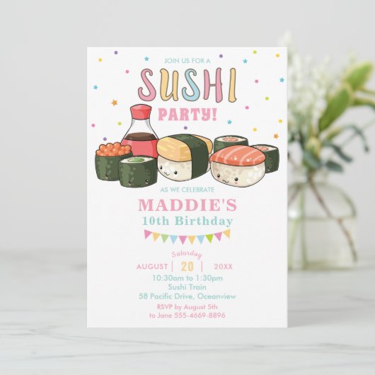 Kawaii Niedlich Sushi Party Pastel Girl Einladung (Stehend Vorderseite)