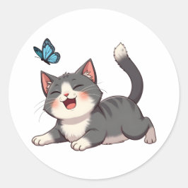 Kawaii Niedliche Katze, die auf dem Boden liegt un Runder Aufkleber