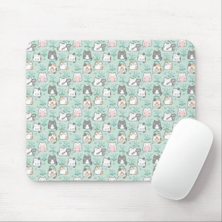 Kawaii Niedliche Katzen & Blume Muster Grüner Hint Mousepad