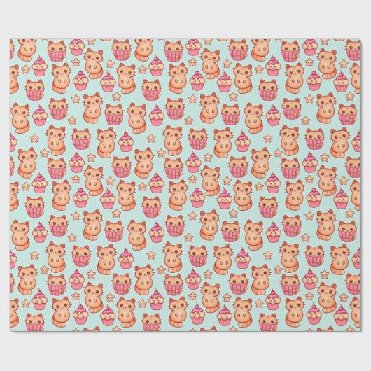 Kawaii Niedliche Katzen Cupcakes Pink und Blau Mus Geschenkpapier (Flach)